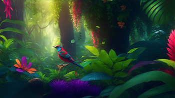 Colorful Jungle, colorful, jungle, forest, bird, tree HD wallpaper