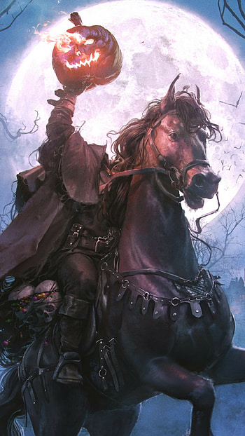 Halloween Horseman: Fiery Pumpkin Night, holiday, halloween HD phone wallpaper