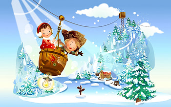 Fantasy, winter, white, art, girl, tree, mountain, snow, green, christmas, vector, funny, fly, child HD wallpaper
