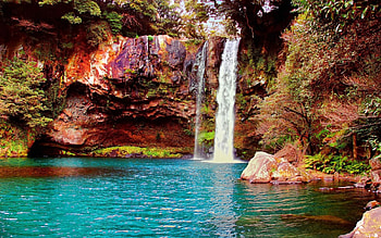 Rocks waterfall, colorful, fall, beautiful, rocks, mountain, lake, falling, waterfall, water, lovely, forest, pond HD wallpaper