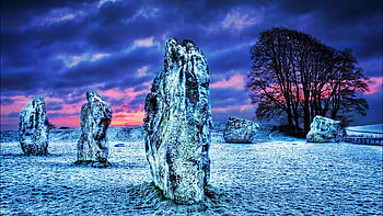 Megalites at Wiltshire, UK, stones, snow, landscape, clouds, sky, england, sunset HD wallpaper