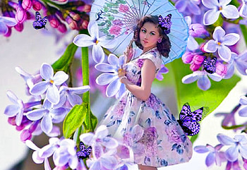Fifties Modest Spring, colorful, blue, umbrella, white, vibrant, umbrela, girl, butterflies, purple, vivid, green, bright, bold, flowers HD wallpaper