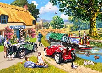 Two of A Kind, canal, scene, cars, church, MG Cars, public house, inn, painting, flowers, water HD wallpaper