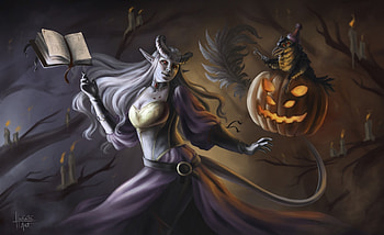 Witch, halloween, fantasy, giulia tonon, pumpkin, girl, dark HD wallpaper