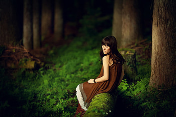 Girl in the Woods, brown, asian, woods, pretty, trees, girl, dress, forest HD wallpaper