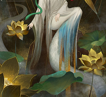 The White Snake (detail), yellow, detail, flower, chikoto, lotus, golden, frumusete, white snake, gorgeous, superb, fantasy HD wallpaper