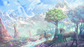Deer and unicorn, blue, lopez sylvain, fantasy, deer, green, unicorn, luminos HD wallpaper
