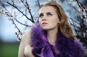 Cold Spring, lady, white, cold, purple fur, eyes, beautiful, flowers, spring HD wallpaper