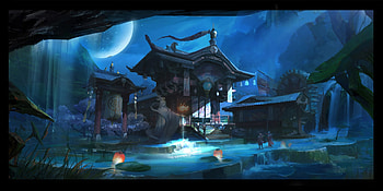 Fantasy world, night, blue, zier youhun, art, moon, fantasy, luna, world, luminos HD wallpaper