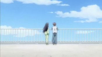 The Edge, rika akiba, cute, long hair, nice, fence, short hair, couple, stand, adorable, akiba rika, male, cloud, female, rika, sweet, scene, standing, girl, kawaii, hanbun, hanbun no tsuki ga noboru sora, anime girl, boy, anime, pretty, akiba, anime couple, sky, lovely, guy HD wallpaper