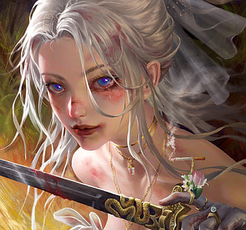 Warrior girl, art, sword, chen yingjun, fantasy, face, girl HD wallpaper
