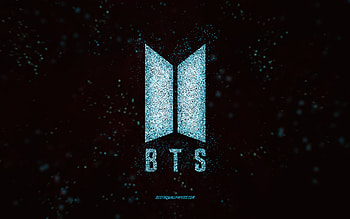 BTS glitter logo, , black background, BTS logo, light blue glitter art, BTS, creative art, BTS light blue glitter logo HD wallpaper