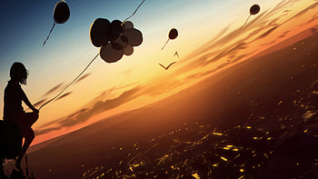 Fly With Balloons At Dusk, anime-girl, anime, artist, artwork, digital-art, pixiv HD wallpaper