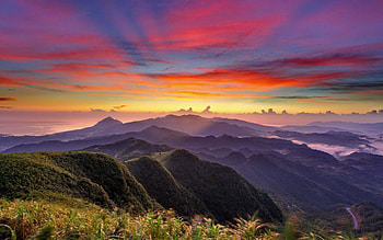 Nature, Sunset, Sky, Mountains, Clouds, Fog, Hills, Height, View HD wallpaper