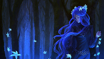 Night in a forest, blue, digital, art, girl, dress, dark HD wallpaper