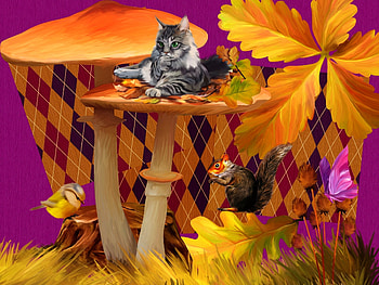 The Spot, autumn, cat, fantasy, mushroom HD wallpaper