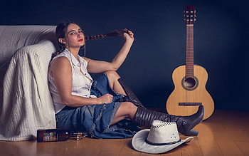 Resting Place. ., table, style, cowgirl, fun, guitar, brunettes, fashion, ranch, music, girls, women, models, boots, western, hats, female HD wallpaper