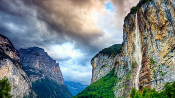 wonderful falls over a cliff, falls, clouds, cliffs, forest HD wallpaper