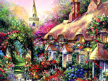 Country Village, windows, art, roofs, chimneys, cats, church, steeple, painting, blossoms, arch, trees, flowers, village HD wallpaper