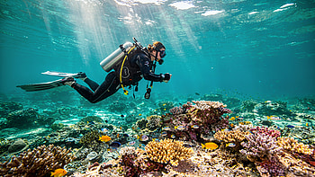 Sunlit Coral Dive —, Scuba Diving, Scuba Diver, Coral Reef HD wallpaper