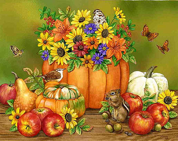 Chipmunk Happiness, pumpkins, chipmunks, apples, flowers, fall HD wallpaper