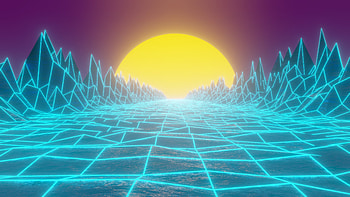 Moon, synthwave, landscape, cliffs, digital art HD wallpaper