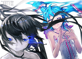 Black Rock Shooter & Hatsune Miku, design, glow, awesome, tear, ova, artistic, nice, digital, cg, movie, hatsune, aqua eyes, warrior, sexy, white, blue eyes, hatsune miku, art, twintail, hot, black rock shooter, girl, singer, anime girl, closed eyes, anime, pretty, light, virtual, blue, black, song, cute, vocaloid, digital art, dress, brs, beauty, miku, music, vocaloids, crying, graphic, cg art, program, beautiful, diva, black hair, pink, aqua hair, cool, idol, heart HD wallpaper