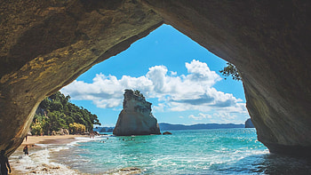 Cathedral Cove, New Zealand, sea, sand, clouds, sky, rocks, beach HD wallpaper