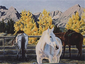 an autumm corral, saddle horses, horses, paintings, autumm HD wallpaper
