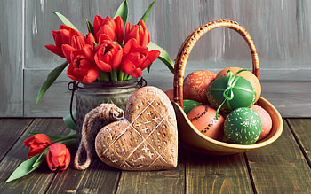 Happy Easter!, tulip, flower, red, easter, card, heart, egg, spring, basket, wood HD wallpaper