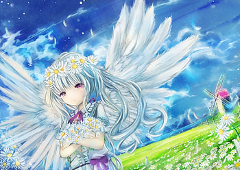 Angel, blue, wings, white, girl, summer, field, flower, green, hizoo HD wallpaper