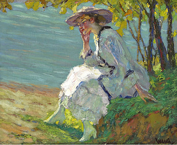 Summer dreaming, summer, painting, art, pictura, edward cucuel, hat, woman HD wallpaper