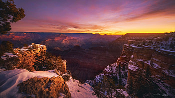 Grand Canyon Sunrise after an overnight snowfall, winter, arizona, snow, landscape, colors, sky, rocks, usa HD wallpaper
