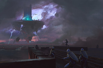 The Siege of Kalaman, floating island, fantasy, knight HD wallpaper
