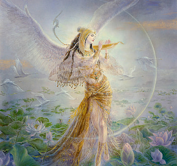 Angel, yellow, flower, girl, kinuko y craft, lotus, frumusete, art, gorgeous, superb, fantasy HD wallpaper