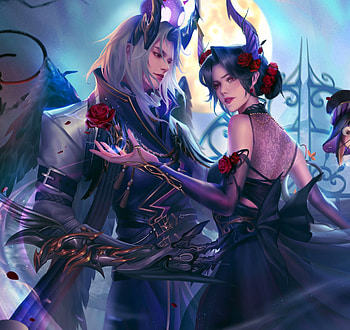 Fantasy couple, couple, luna, demon, night, blue, horns, also, man, girl, al so, fantasy, moon HD wallpaper