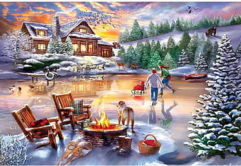 Time Away Skating, ice, bears, winter, car, house, ducks, chairs, artwork, painting, deer, snow, trees, campfire, mountains HD wallpaper