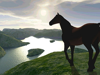 horse vision, blue sky, cliffs, lake, sunset HD wallpaper