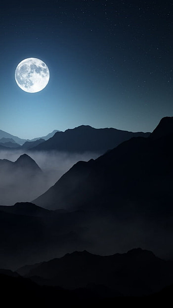 Moon and mountains, Nature landscape, Misty starry night HD phone wallpaper