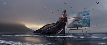 :), water, princess, sea, art, girl, dark, beach, wind, summer, painting, wlop, artist, vara HD wallpaper