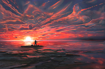Sunset, Art, Sea, Fisherman, Rod, Fishing, Fishing Rod HD wallpaper