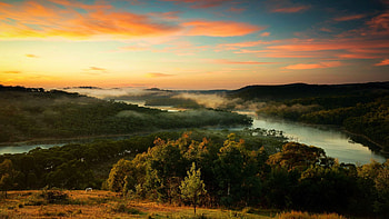 Sunrise in the Blue Mountains. Australia, river, hills, colors, clouds, landscape, trees, sky, forest HD wallpaper