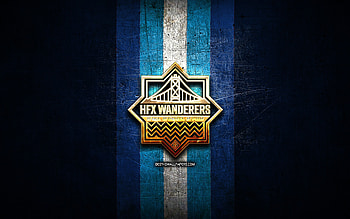 HFX Wanderers FC, golden logo, Canadian Premier League, blue metal background, football, canadian football club, HFX Wanderers logo, soccer, HFX Wanderers HD wallpaper