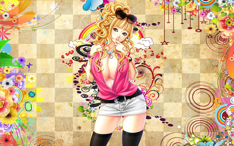 Voluptuous Beauty, sexy, colorful, thigh highs, hot, cute, beautiful, long hair, beauty, anime girl, pink, cleavagemblonde hair, pretty, tagme, stunning HD wallpaper