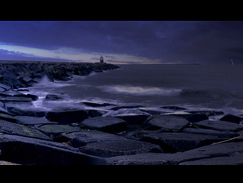 North Sea Channel, twilight, channel, lighthouse, waves, rocks, dark HD wallpaper