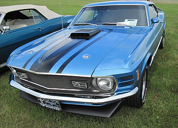 1970 Ford Mustang Mach 1, blue, graphy, black, mustang, grass, Headlights, tire, green, Ford HD wallpaper