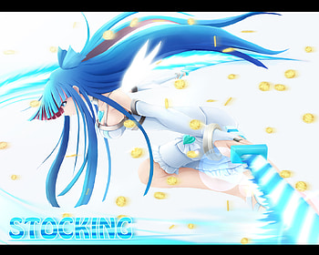 Stocking, blue, cute, long hair, beauty, nice, coin, 3d, wing, cg, warrior, female, sexy, wings, sweet, white, sword, hot, blue eye, blue hair, girl, beautiful, blade, anime girl, anime, fantasy, pretty, weapon, fighter, panty and stocking with garterbelt, virtual HD wallpaper