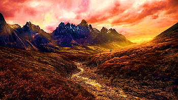 Colorful Sunset, river, peaks, clouds, colors, sky, mountains HD wallpaper