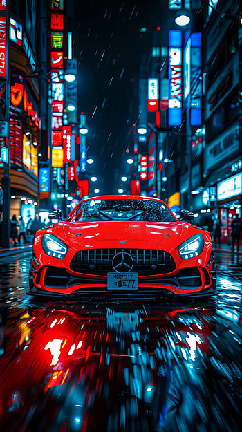 Scarlet Mercedes-Benz AMG — Rainy Night , car, Mercedes-Benz, rain HD phone wallpaper