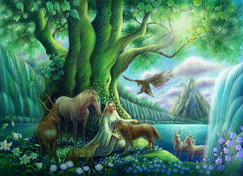~Light of Eden~, traditional art, weird things people wear, paintings, waterfalls, love four seasons, fantasy, animals, storybook, flowers HD wallpaper